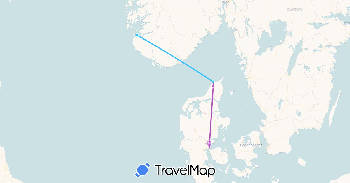 TravelMap itinerary: driving, train, boat in Denmark, Norway (Europe)